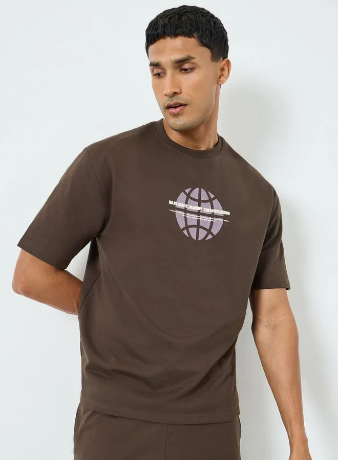 Styli Men Brown Graphic Print T-Shirt and Shorts Co-Ords